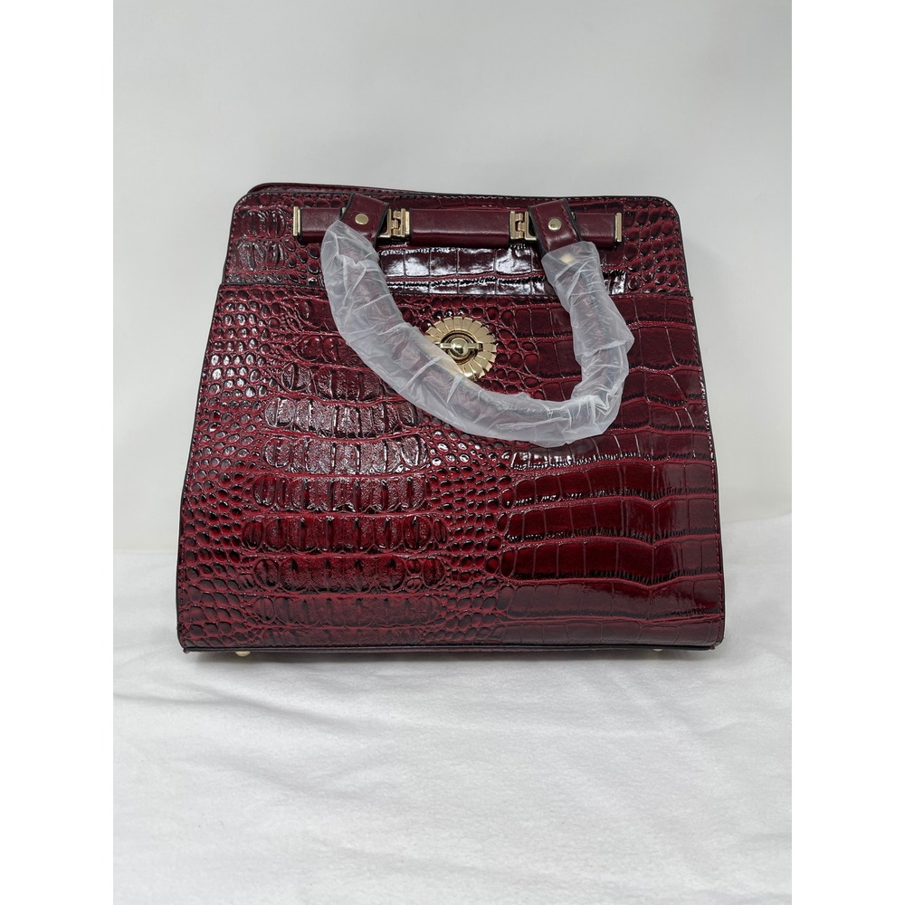 Unbranded Womens Croco Embossed Satchel Bag Medium Burgundy Faux Leather Gold HW